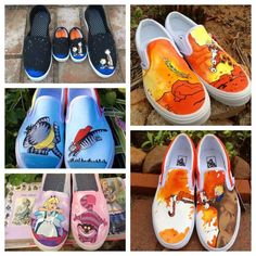 Choose your favorite cartoon or animation for your custom-designed shoes! The shoes pictured are examples of my previous work, not your buying options. Choose any comic book character, any TV cartoon, any animated movie character, in any paint color. Or come up with your own! Send me a description or image of what you would like painted and any other requests, such as character placement and color. Available in any whole size (mens sizes 7-12, womens sizes 6-11). Please specify size when ord... Vans Shoe Designs, Things To Paint On Shoes Easy, Disney Shoes Diy, Easy Shoe Painting Ideas, Paint Crocs, Custom Painted Shoes Ideas, Coloring Shoes, Disney Painted Shoes, Canvas Shoes Diy