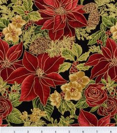 a black background with red flowers and green leaves on the bottom half of it,