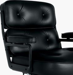 an office chair with black leather upholstered on the back and armrests