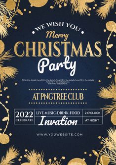 a christmas party flyer with gold and black decorations