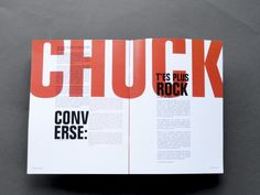 an open magazine with the words chuck on it's front and back pages in red