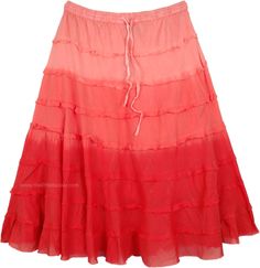 Flamingo Ombre Knee Length Summer Skirt with Tiers | Short-Skirts | Pink | Junior-Petite, Misses, Solid Red Cotton Long Skirt, Red Cotton Flared Skirt, Red Flared Cotton Skirt, Red Relaxed Skirt For Summer, Red Relaxed Fit Skirt For Summer, Casual Red Summer Skirt, Red Long Skirt For Summer, Red Cotton Mini Skirt, Red Bohemian Cotton Skirt