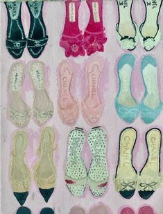 there are many pairs of shoes on the pink background and one pair is in different colors