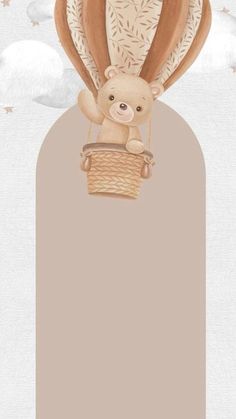 a teddy bear flying in the air with a basket on his back and clouds behind it