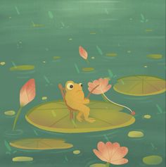 a frog sitting on top of a lily pad