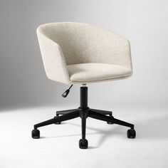 an office chair with wheels on the back and seat upholstered in white fabric