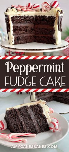 peppermint fudge cake with chocolate frosting and candy canes