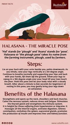 a woman doing yoga poses with the words halasana and the image above it