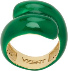 Handcrafted enameled 18k yellow gold vermeil sculptural ring in green. Logo and hallmarking at inner band. Supplier color: Green Green 14k Gold Enamel Ring As Gift, Luxury Green Enamel Open Ring, Green Enamel Fine Jewelry Ring, Luxury Green Enamel Jewelry, Green Enamel Bangle, Sculptural Ring, Green Enamel, Wrap Rings, Gold Vermeil