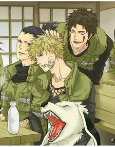 an anime scene with some guys and a dog in front of the man's face