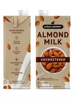 two cartons of almond milk are shown side by side