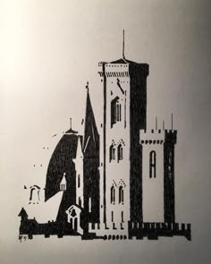 a black and white drawing of a castle