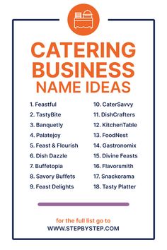 the catering business name ideas list is shown in orange and blue, with an image of a