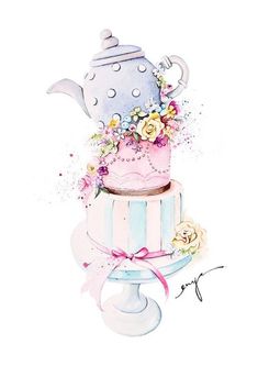 a watercolor painting of a teapot on top of a cake with flowers in it