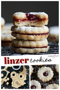 cookies are stacked on top of each other with cranberry filling and powdered sugar