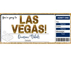 a las vegas ticket with gold glitter on it