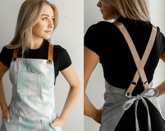 two pictures of a woman wearing an apron and holding her back to the camera with one hand on her hip