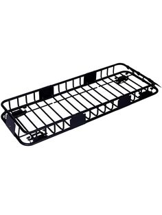 a black metal rack with two wheels on it's sides and the bottom section is empty