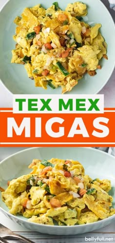 two white plates filled with different types of food and the words tex mex micas above them