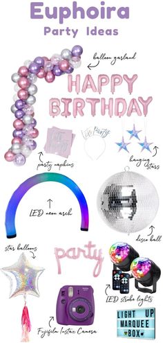 a birthday party poster with balloons, confetti and other things to celebrate it