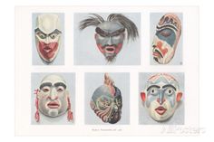 several masks with different facial expressions are shown in this drawing by an unknown artist,