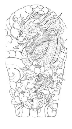 a drawing of a dragon with flowers on it's back and the head in the center