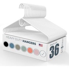 a white hanger with six different colors on it's side in a cardboard box