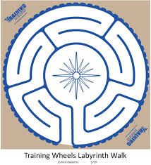 a blue and white circular maze with the words training wheels labyrinth walk