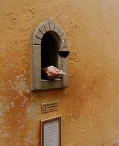 a person holding a glass of wine in front of a wall with a plaque on it