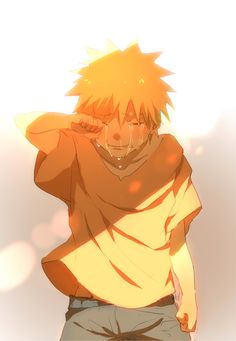 an anime character with his hand on his head and one eye closed, standing in front of the sun