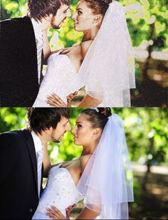 two pictures of a bride and groom, one is kissing the other has her eyes closed