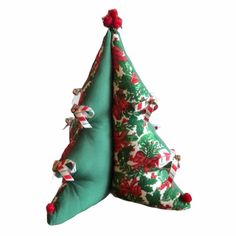 two green and red christmas trees with bows on the top, one is made out of fabric