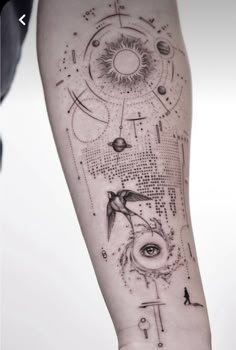 a person with a tattoo on their arm that has an image of the sun and planets