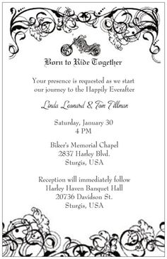 an ornate wedding card with the words,'born to ride together'in black and white