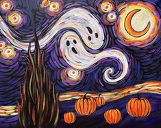 an artistic painting with pumpkins in the foreground