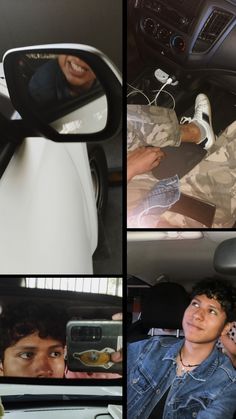 four different shots of a man sitting in a car