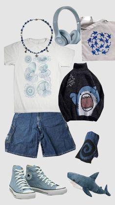 Haku Boys Outfit, Ocean Aesthetic Clothes, Shark Clothes, Summer Jewellery, Shark Shirt