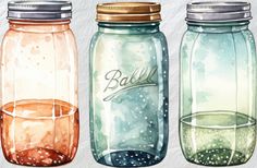 three glass jars with different colored lids and some water droplets on the top one is labeled ball