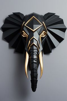 an elephant's head made out of black and gold geometric shapes on a gray background