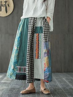 Aovica-Plus Size - Irregular Print Spliced Casual 100% Linen A-line Skirt - XL(Fit for EU 46-48, US Patchwork Clothes, Linen Casual, Upcycled Fashion, Linen Maxi Dress, Refashion Clothes, Linen Clothes, Plus Size Casual, Upcycle Clothes, Sewing Clothes