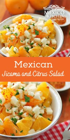 mexican salad with oranges and cilantro in two white bowls on a red checkered tablecloth