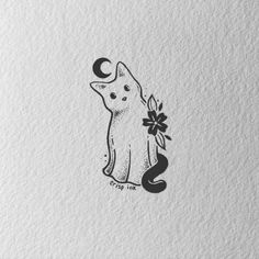 a drawing of a cat with flowers on it's tail and the moon in the background