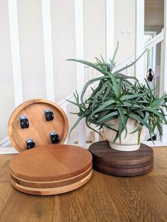 a potted plant sitting on top of a wooden table next to an open box