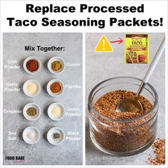 the ingredients to make taco seasoning packets are shown in separate bowls and labeled