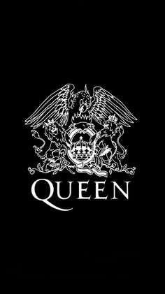 the queen logo on a black background with white writing and an eagle in the middle