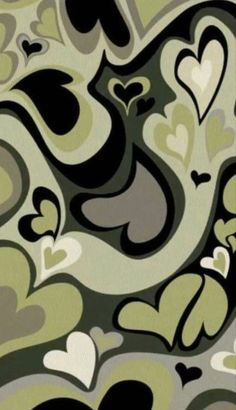 an abstract painting with hearts in green, black and white colors on the back of a phone case