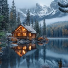 a cabin sits on the shore of a mountain lake