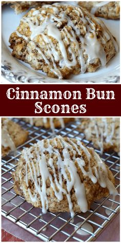 cinnamon bun scones on a cooling rack with icing