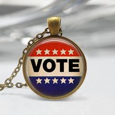 Patriotic Jewelry Election Day Americana Vintage Vote Button Red White And Blue Art Pendant in Bronz Red White And Blue Art, Americana Vintage, Chenille Stems, Art Pendant, Tucson Az, Glass Dome, Blue Art, Glass Domes