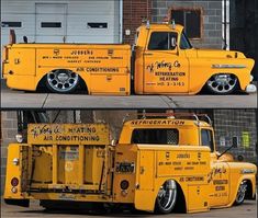 two pictures of an old yellow truck parked in front of a building with the words john's heating and air conditioning on it